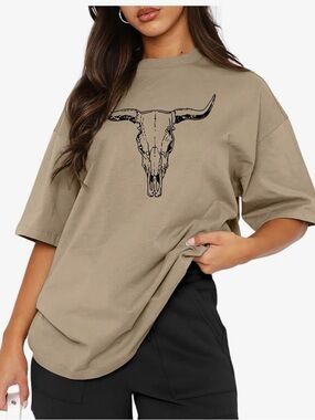 Women's Khaki/Taupe Graphic Skull Short Sleeve Tee